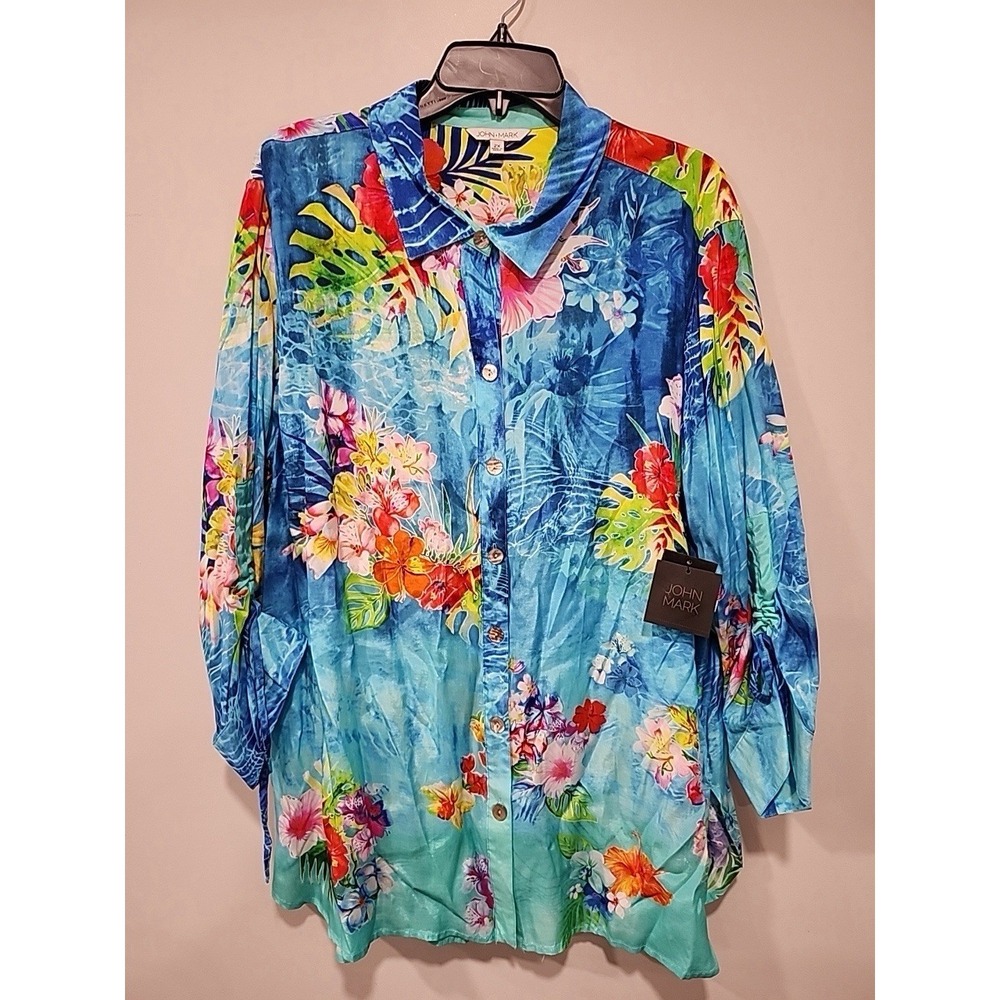 John Mark NWT Woman's 2xl Blue Tropical Button Up Collar Cinch Sleeve Tunic Top